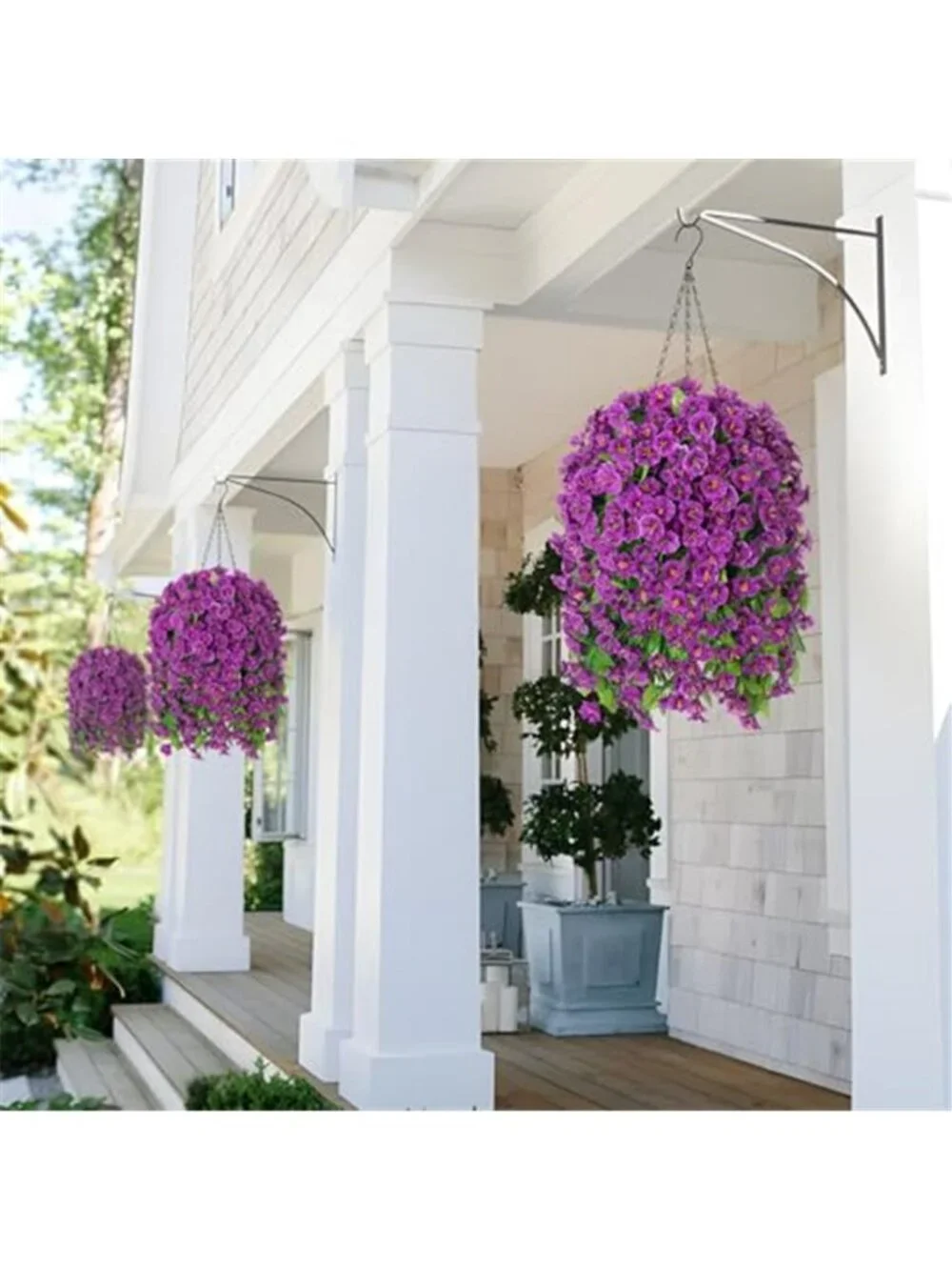 Artificial Morning Glory Hanging Basket Purple Faux Flowers Outdoor Indoor Decor